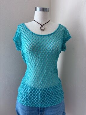 bobeau Teal Blue Textured Open-Knit Short Sleeve Top